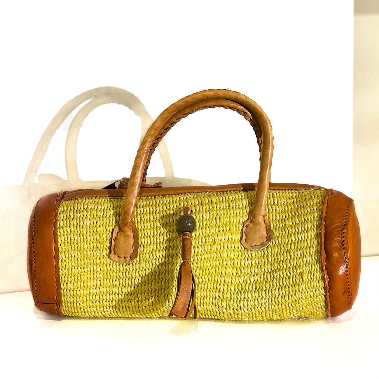 Sylinderveske - Gul med brunt skinn