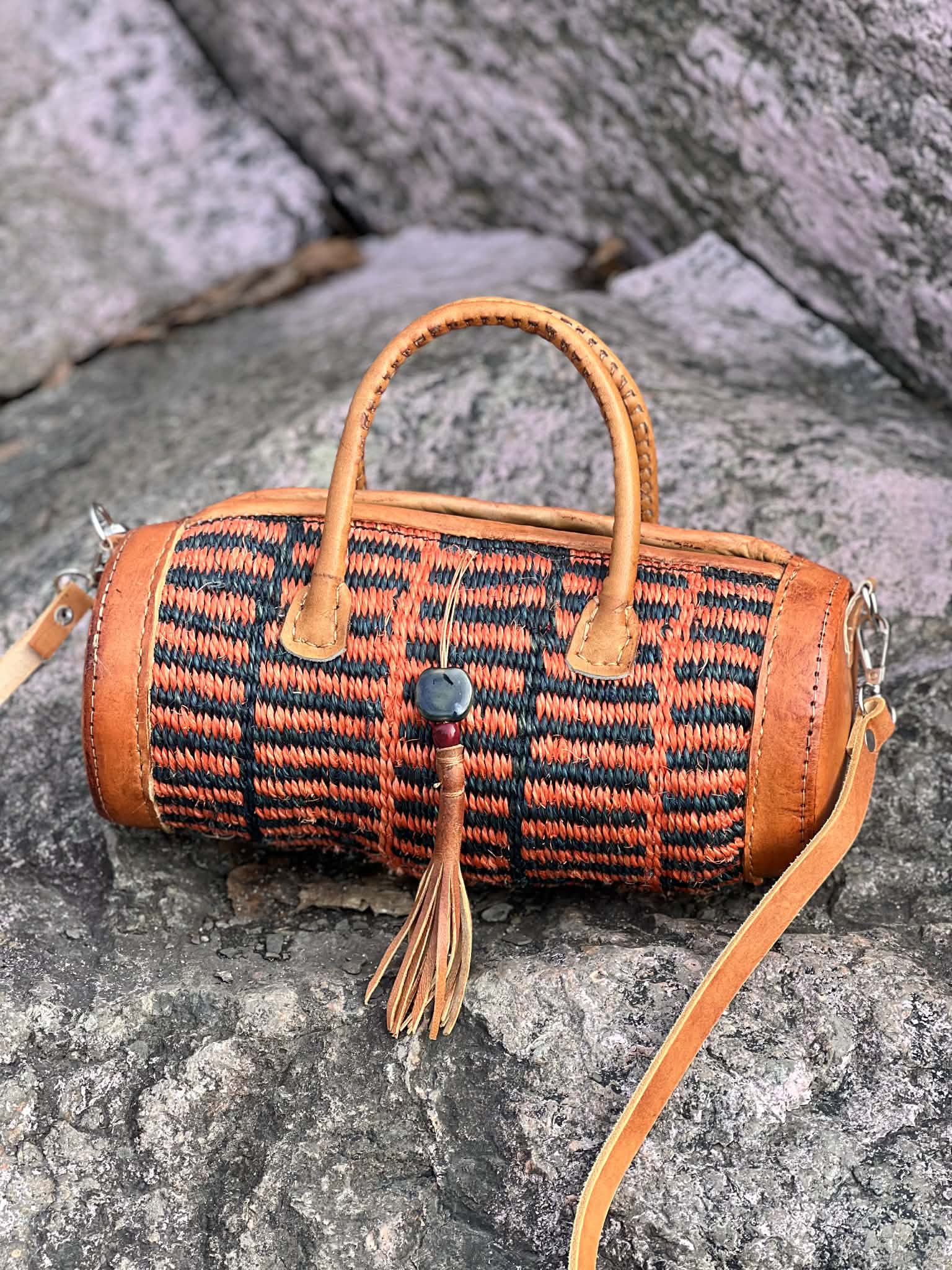 Cylinder bag handmade sisal and leather from Kenya