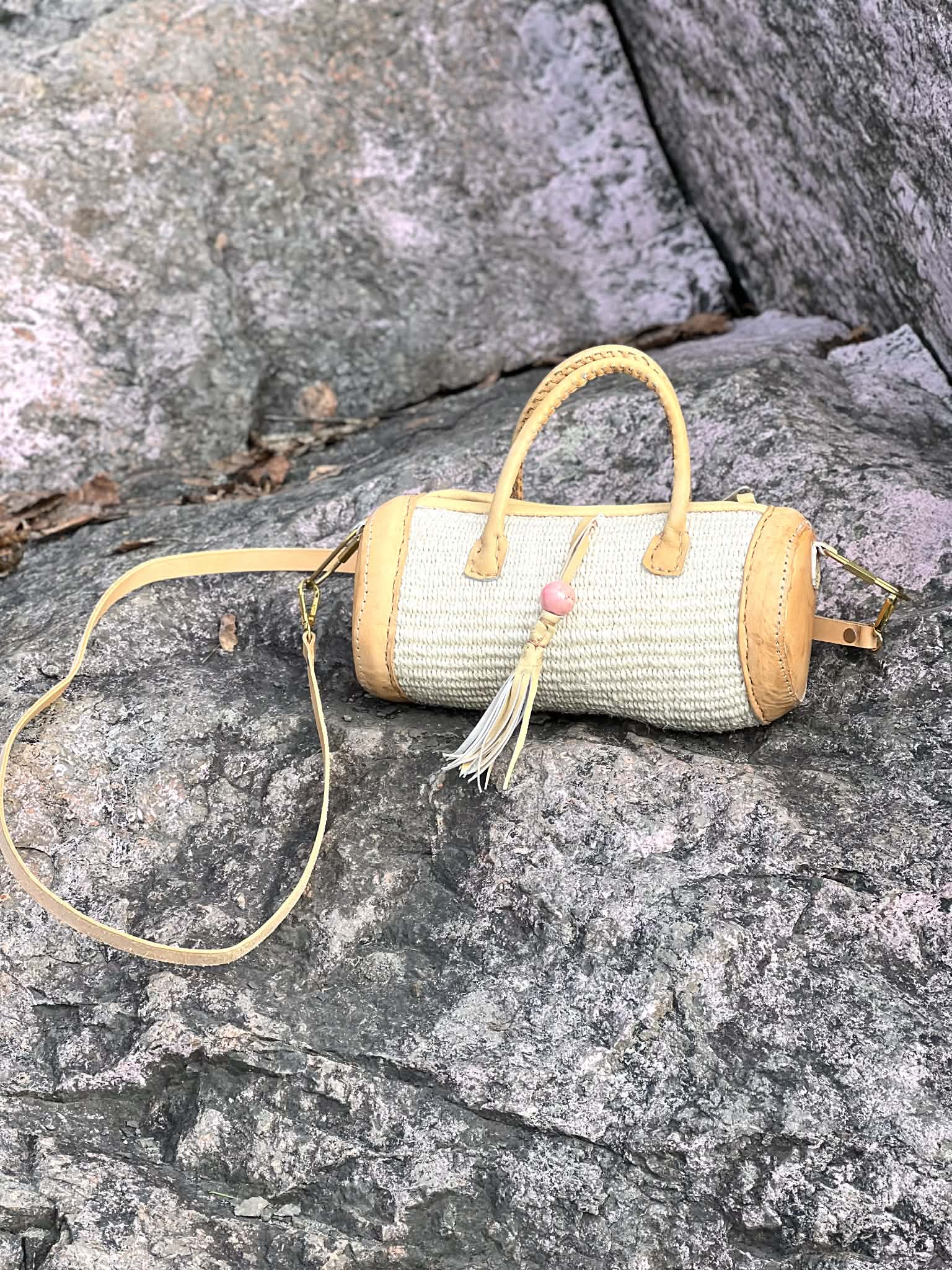 Cylinder bag handmade sisal and leather from Kenya