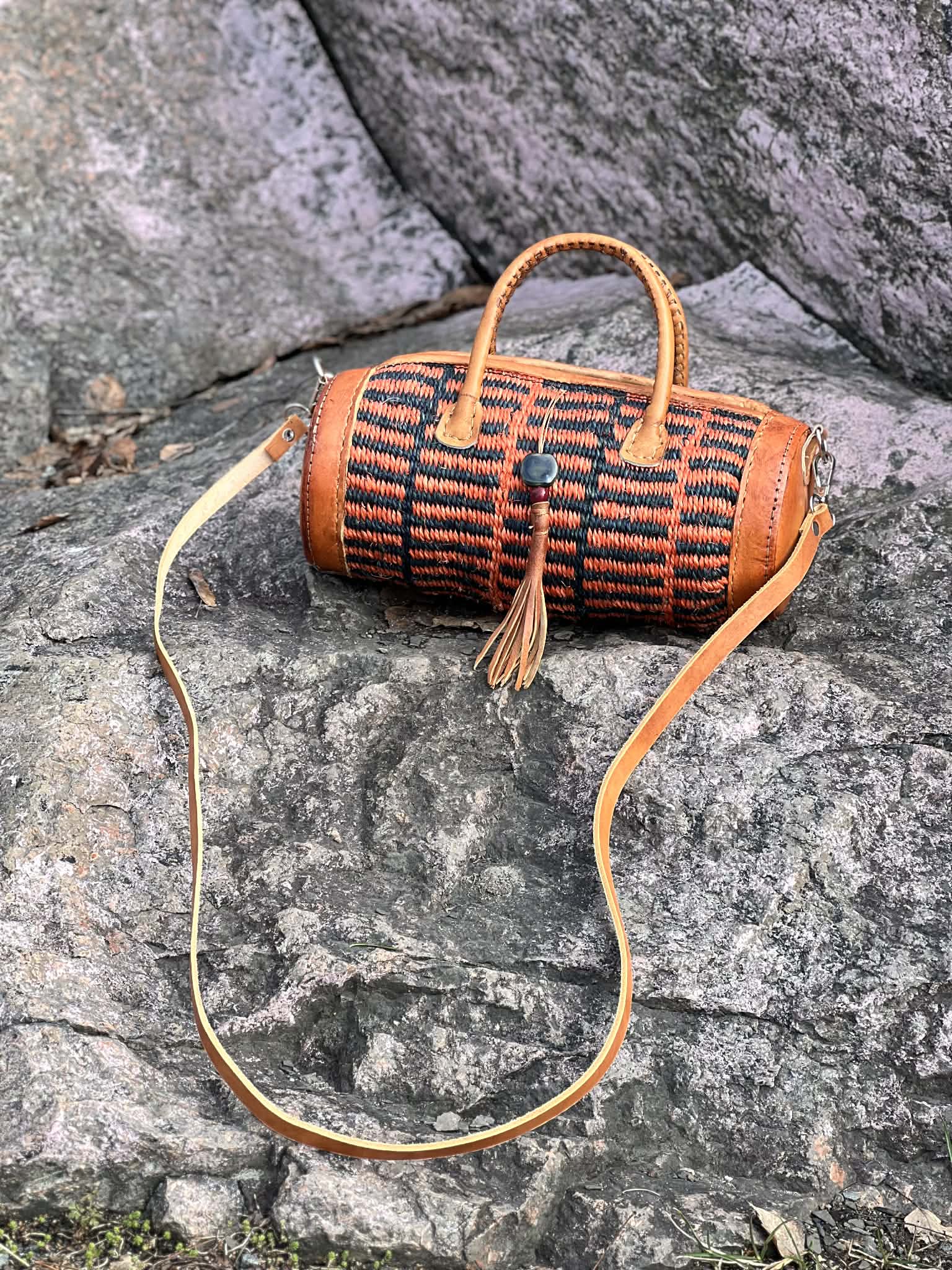 Cylinder bag handmade sisal and leather from Kenya