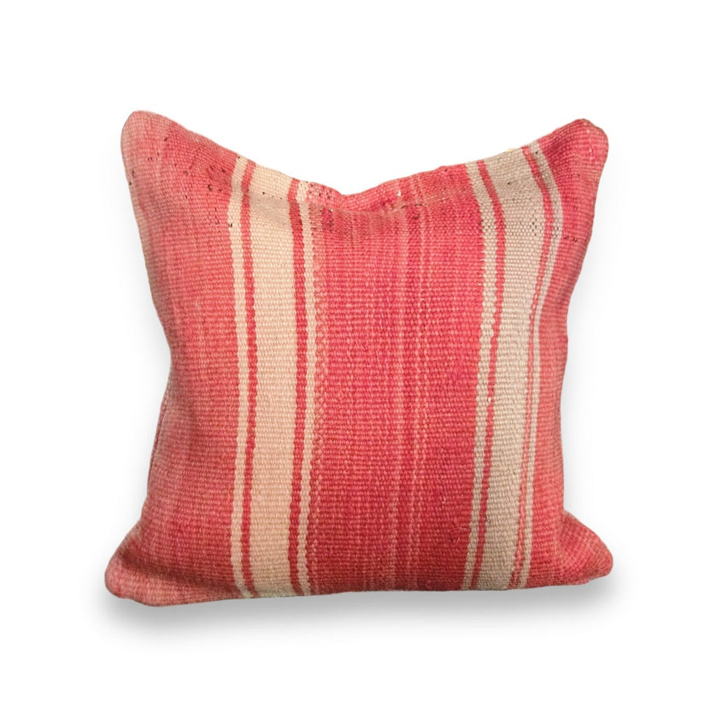 Kelimpute fra Marokko ca. 50x50 cm i korallrosa med kremhvite striper, forside