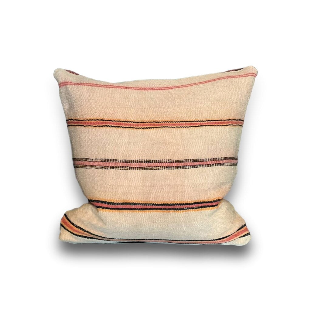 Kelimpute fra Marokko 50x50 cm, bakside i krem med striper i rosa, sort og oransje