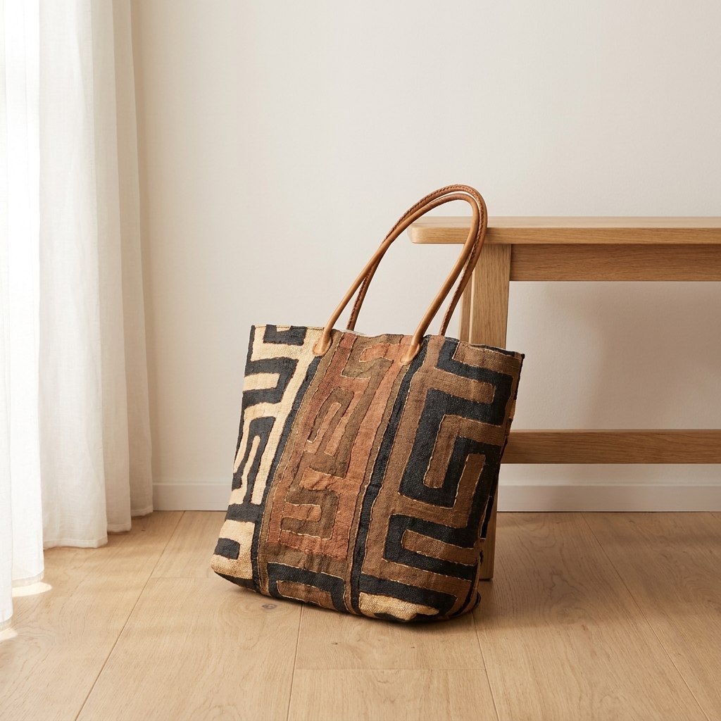 Kuba cloth veske fra Kongo med håndvevd geometrisk mønster og skinnhanker