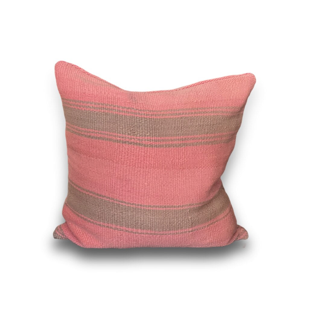 Kelimpute i rosa og gråbrunt, ca. 50x50 cm, med brede striper