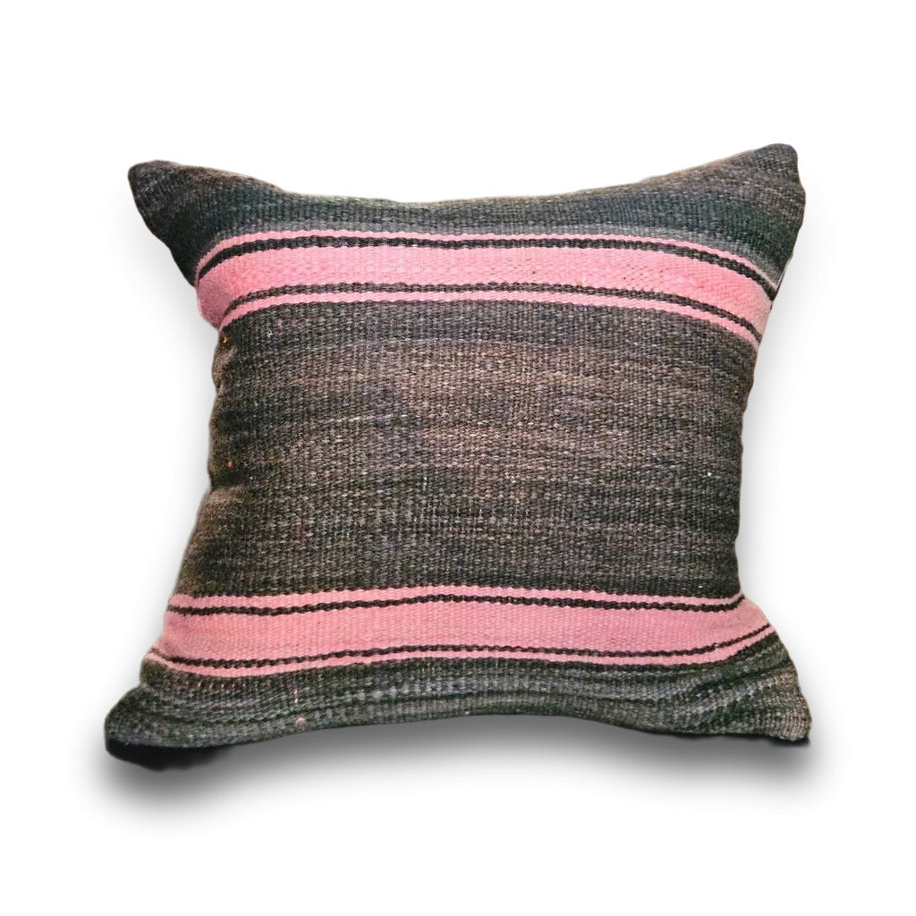 Kelimpute fra Marokko ca. 45x45 cm i mørk brun med rosa striper, forside