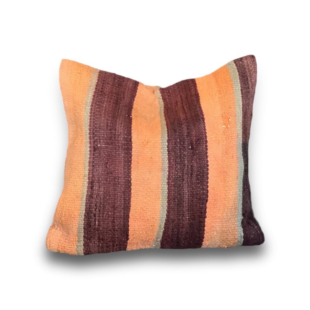 Kelimpute fra Marokko ca. 50x50 cm i oransje med burgunder og grå striper, forside