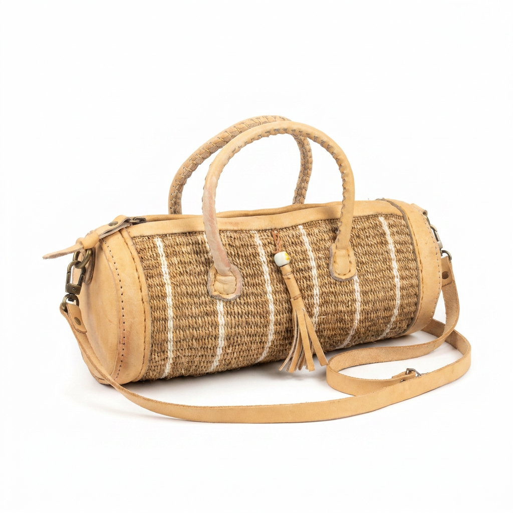 Sylinderveske i beige sisal med striper og lyst skinn